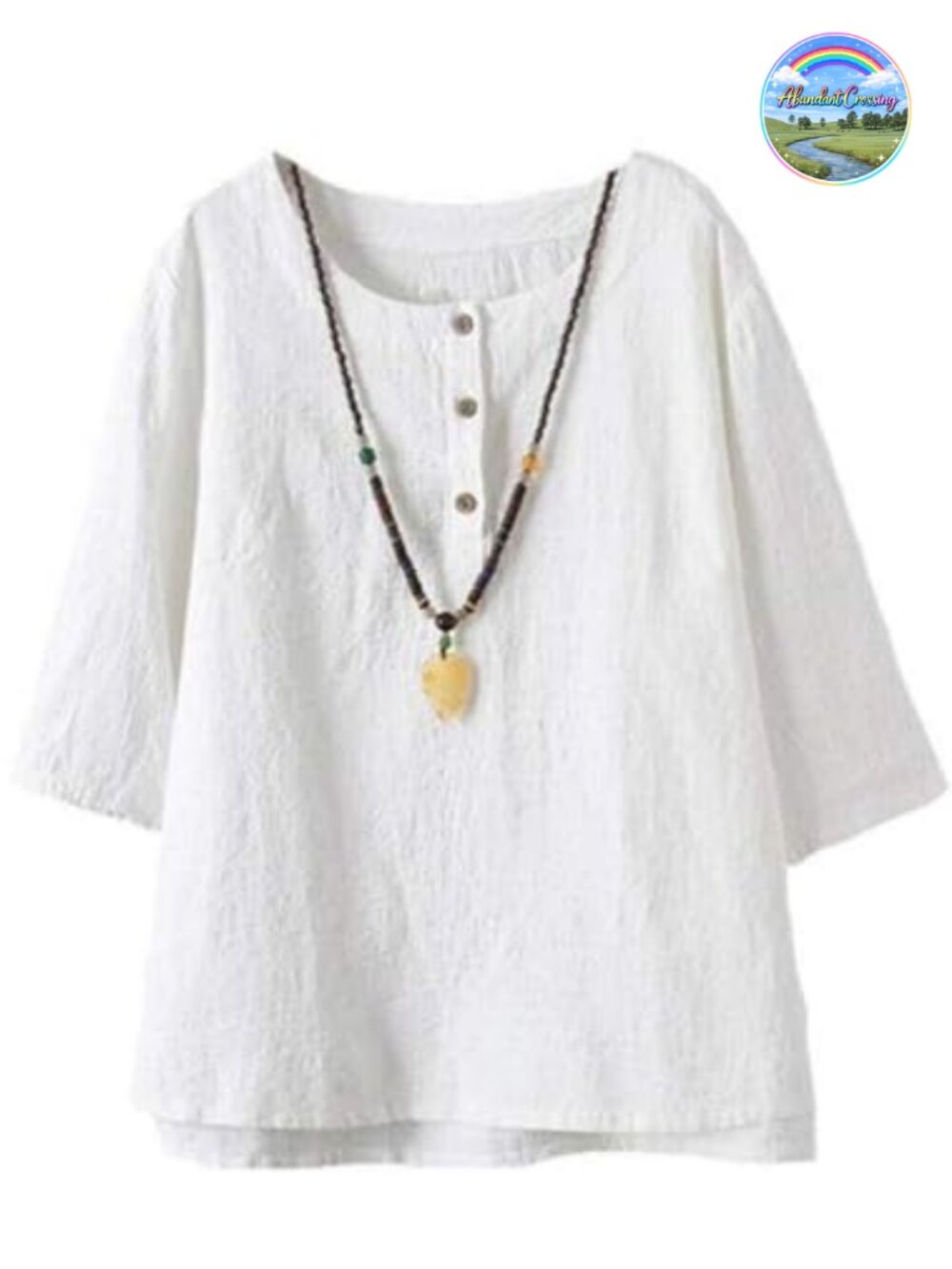 Women's Linen Blouse Jacquard 3/4 Sleeve Round Neck Loose Fit Tunic Top